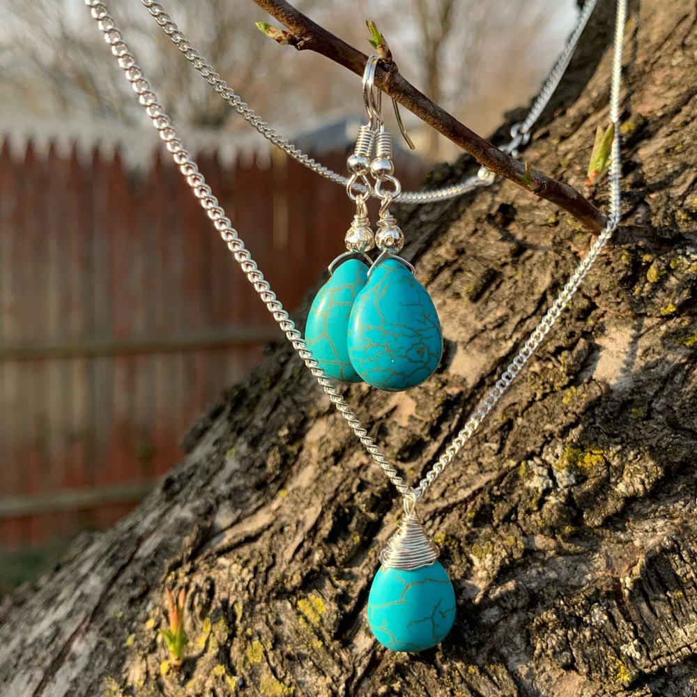 Turquoise Necklace Earrings Set natural gemstone
